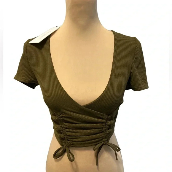 Club L London Ruched Front Plunge Front Crop Top Khaki Green/Brown Size 2 NWT - Picture 2 of 10